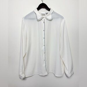 Koret Women Long Sleeve Button Up White Size 16 Embroidered Collar Grandmacore